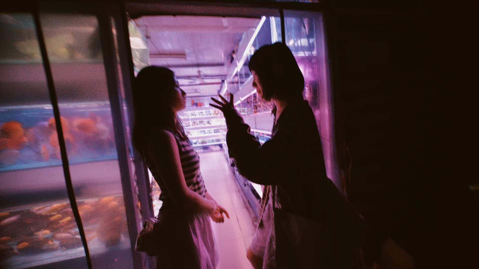 Two women in a shop illuminated by pink light