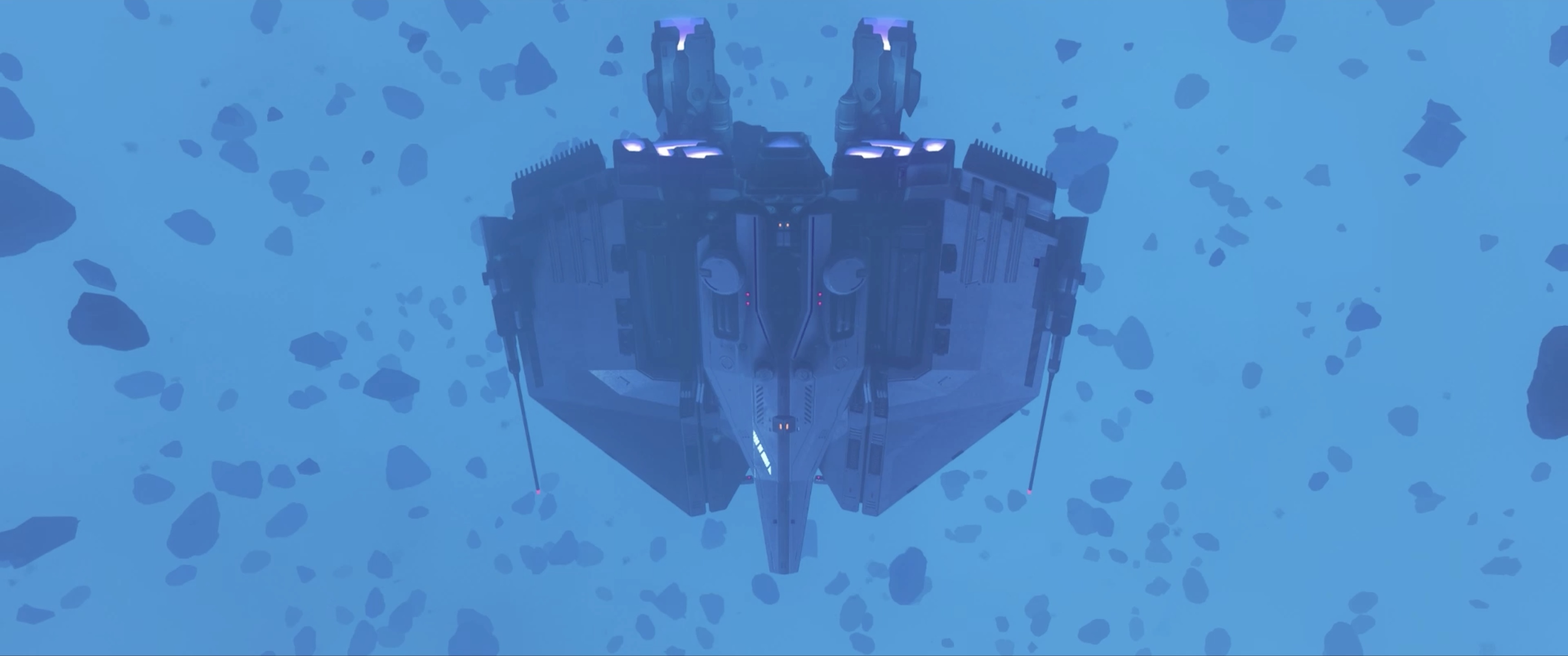 A spacecraft suspended among blue asteroids
