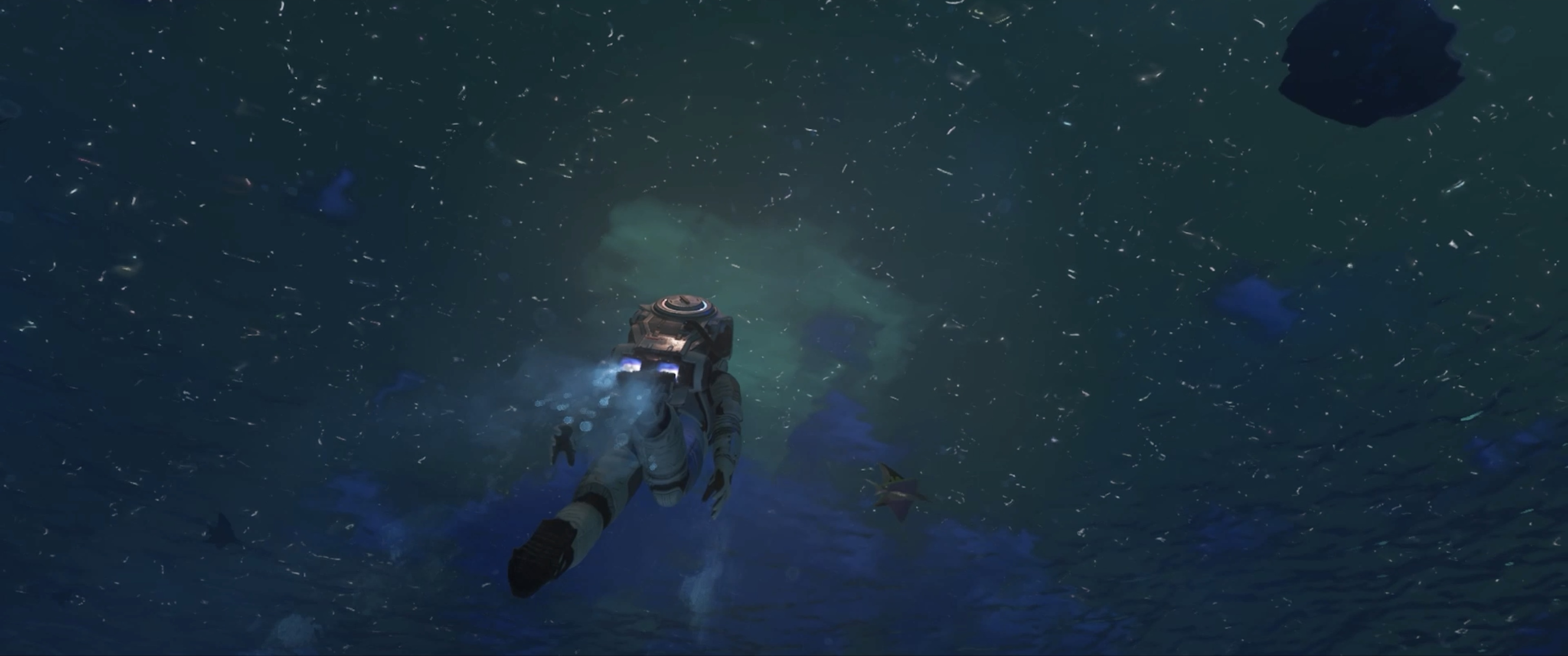 An astronaut swimming through a star-filled ocean