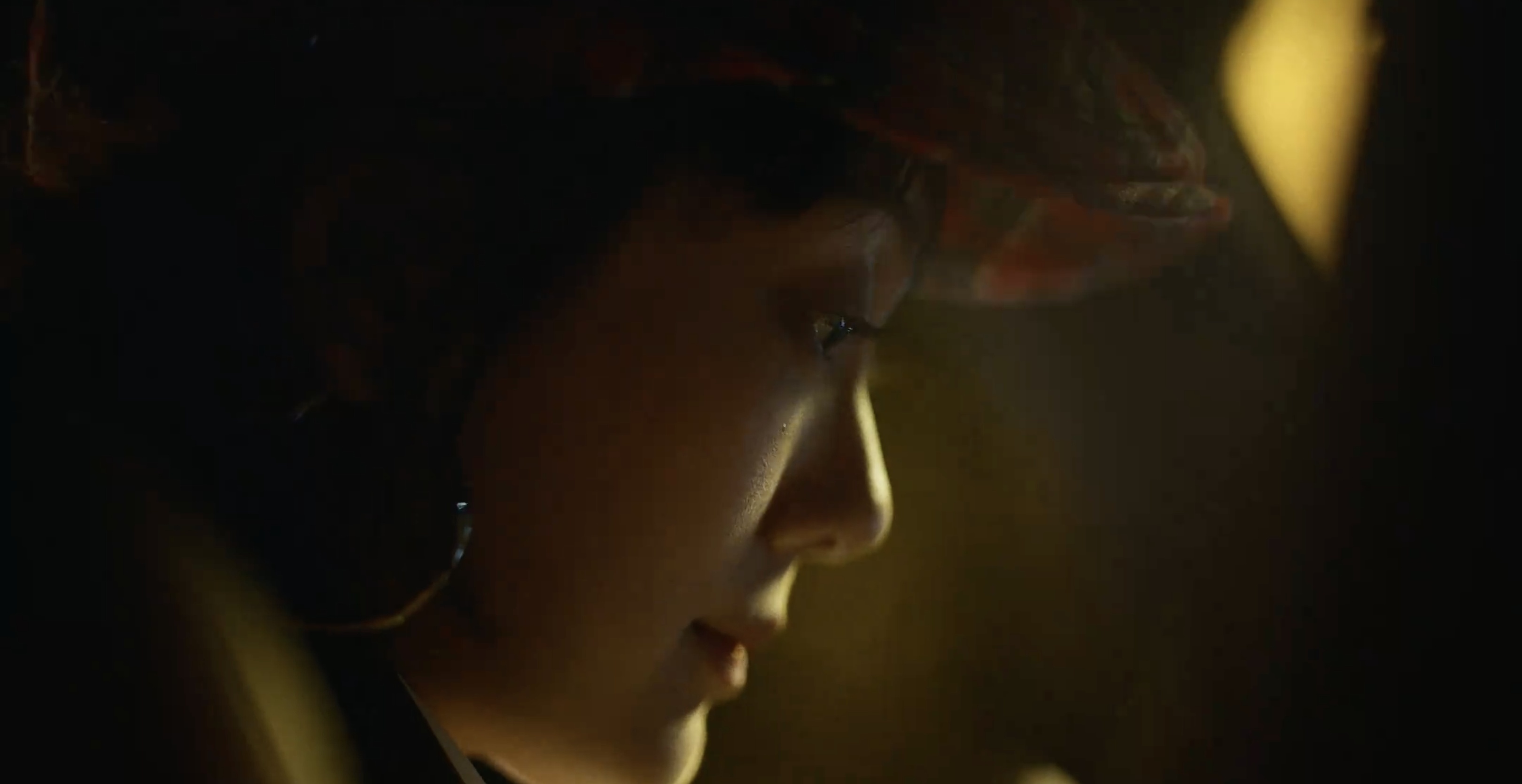 A woman in profile beneath warm golden light