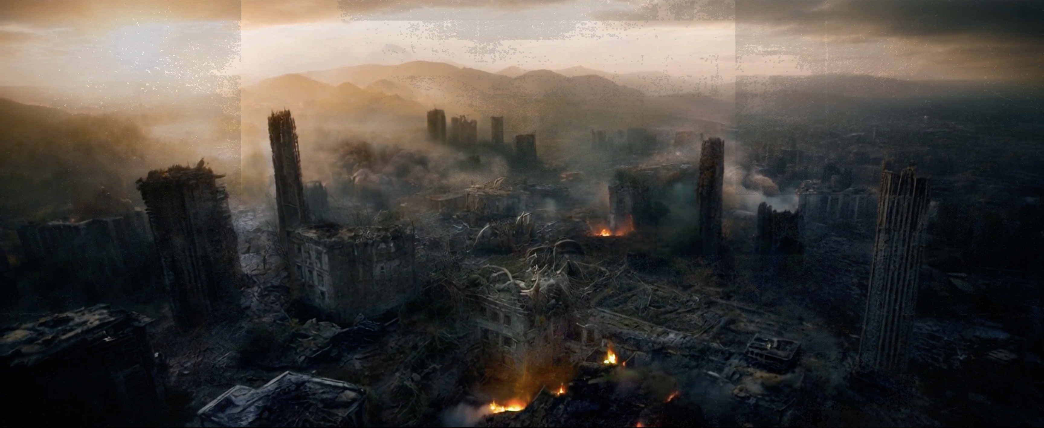 A city in ruins beneath a smoky sky