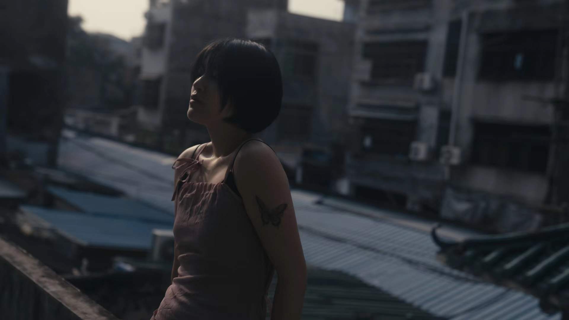 A woman standing above the rooftops