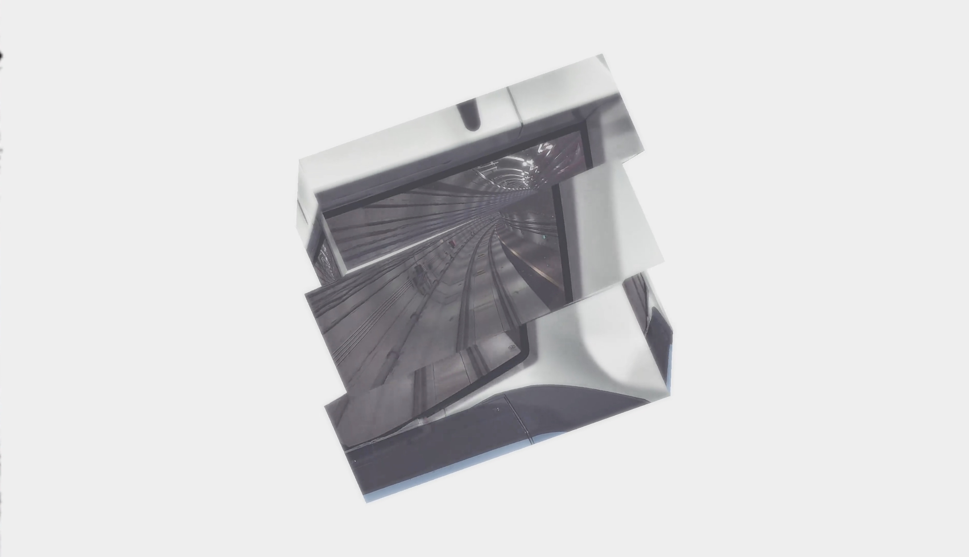A floating photographic cube with a subway tunnel