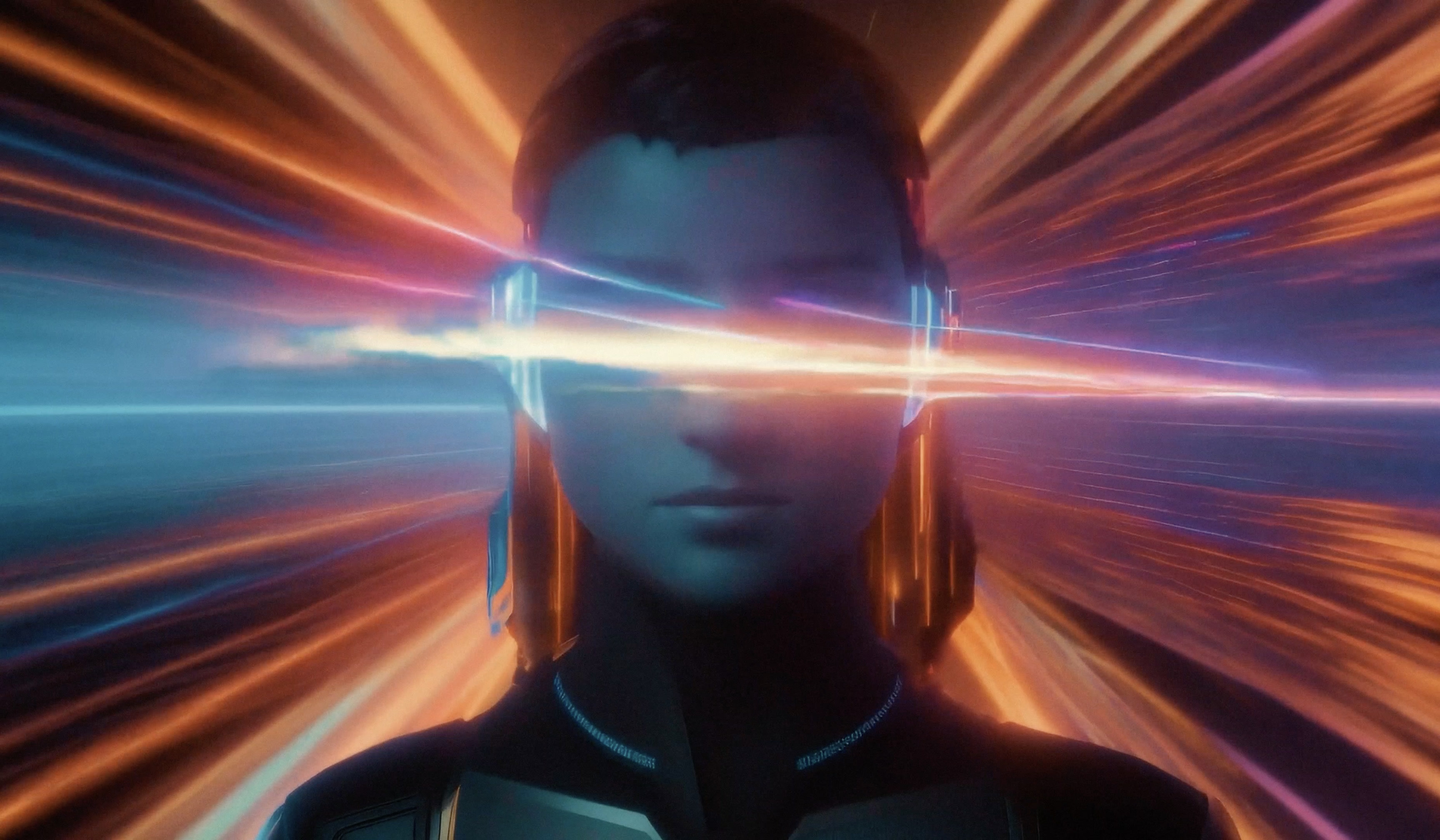 An AI portrait crossed by light trails