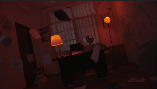 An empty room in red light with papers in the air
